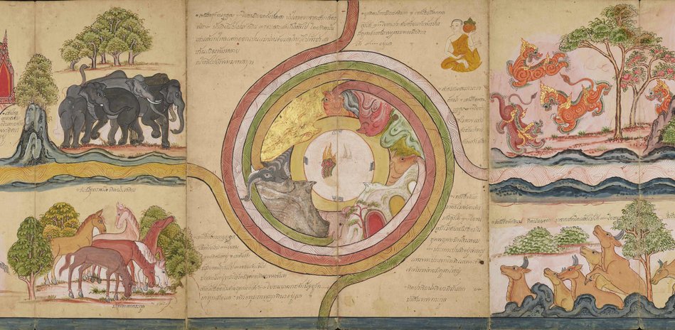 Double-folio manuscript detail centering Lake Anotatta with surrounding colored rings, water, elephants, horses, deer, and bird-like beings.