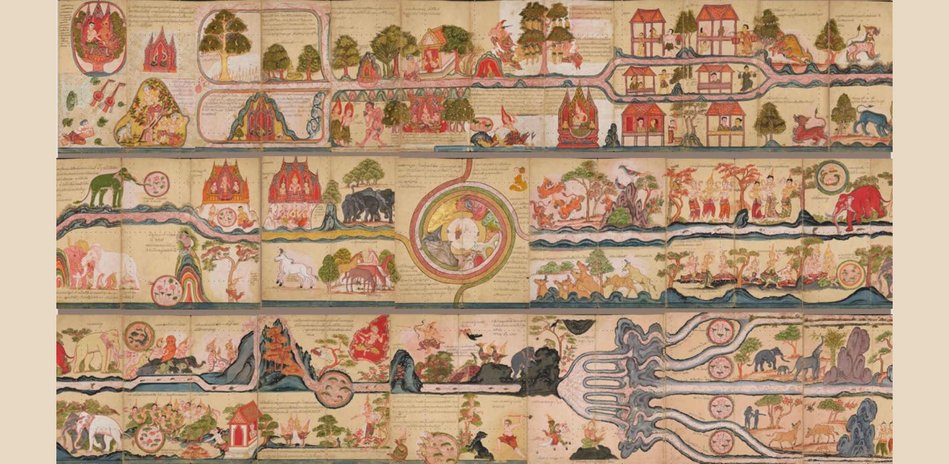 Wide manuscript image showing the Berlin Traiphum Himavanta section with forests, watercourses, buildings, animals, and cosmographic scenes.