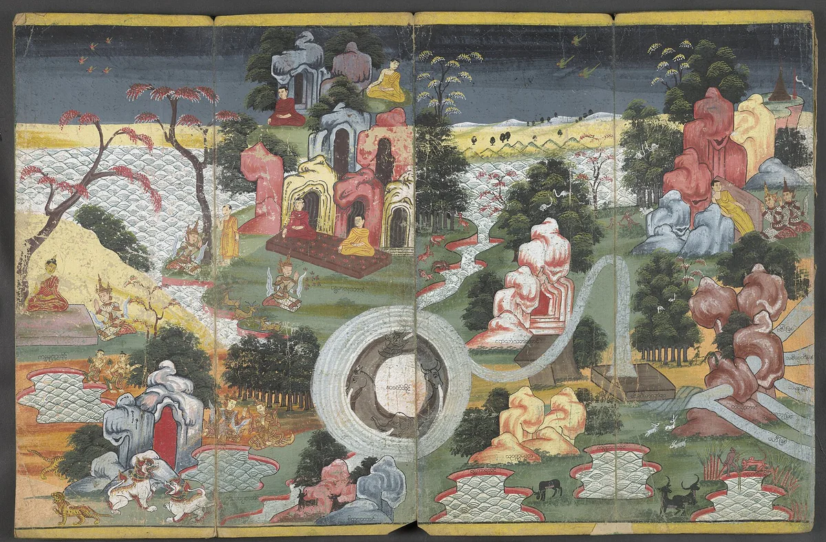 Painted Burmese cosmology manuscript panel with a forested mountain world and figures.