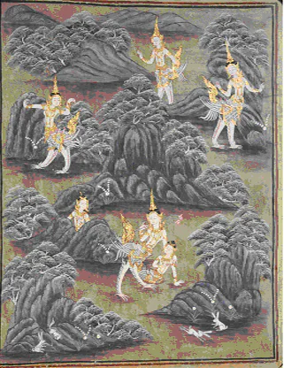 Thai painting of a bird-bodied Kinnari figure in a landscape.